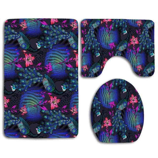ABPHQTO Hermosas flores de pavo real azul Juego de alfombras de baño de 3 piezas Alfombra de baño Alfombra de contorno y tapa de inodoro ABPHQTO Cont-CHAPPLE-37828
