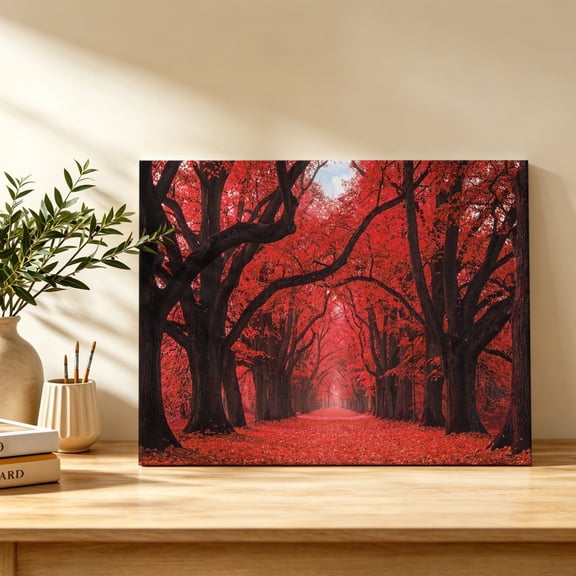 Fall Forest Canvas Wall Art, Country Rustic Red Black Tree Leaf Path Landscape Wall Art Prints Artwork Framed Canvas Ready to Hang Art Pictures for Bathroom Bedroom Entry Desk Corner 10" x 8"