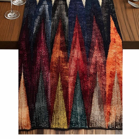 Vintage Colorful Geometric 108 Inch Table Runner, Abstract Art Waves Stripe Farmhouse Dresser Scarf Cotton & Linen Tablerunner for Dining/Kitchen Island/Holiday Party Décor 13" x 108"