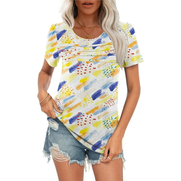 WUJINXIA Women's Blouses Summer Short Sleeve Shirts Casual Pleated Floral Tops