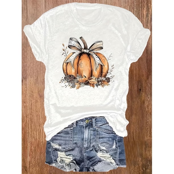 Women's Casual Pumpkin Print T-Shirt with Bow Detail - Crew Neck, Short Sleeve, Breathable Polyester - Perfect for Spring & Summer
