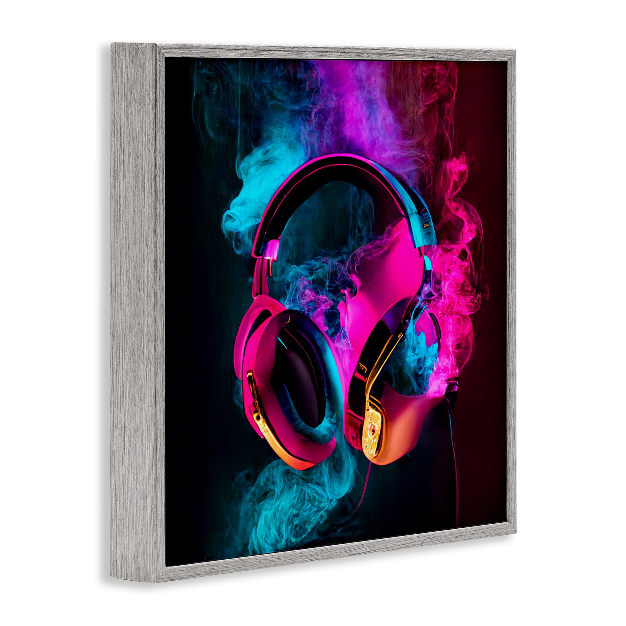 Power Play Pink & Blue Headphones Gray Framed Giclee Art, design by Sasha