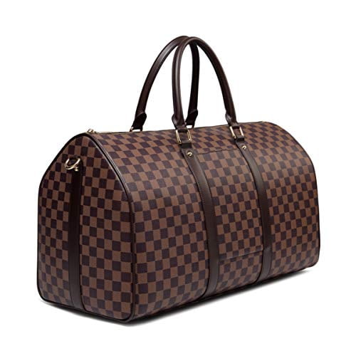 Daisy Rose Checkered Travel Weekend Duffel Bag - PU Vegan Leather Overnight Tote Bag (Cream ...