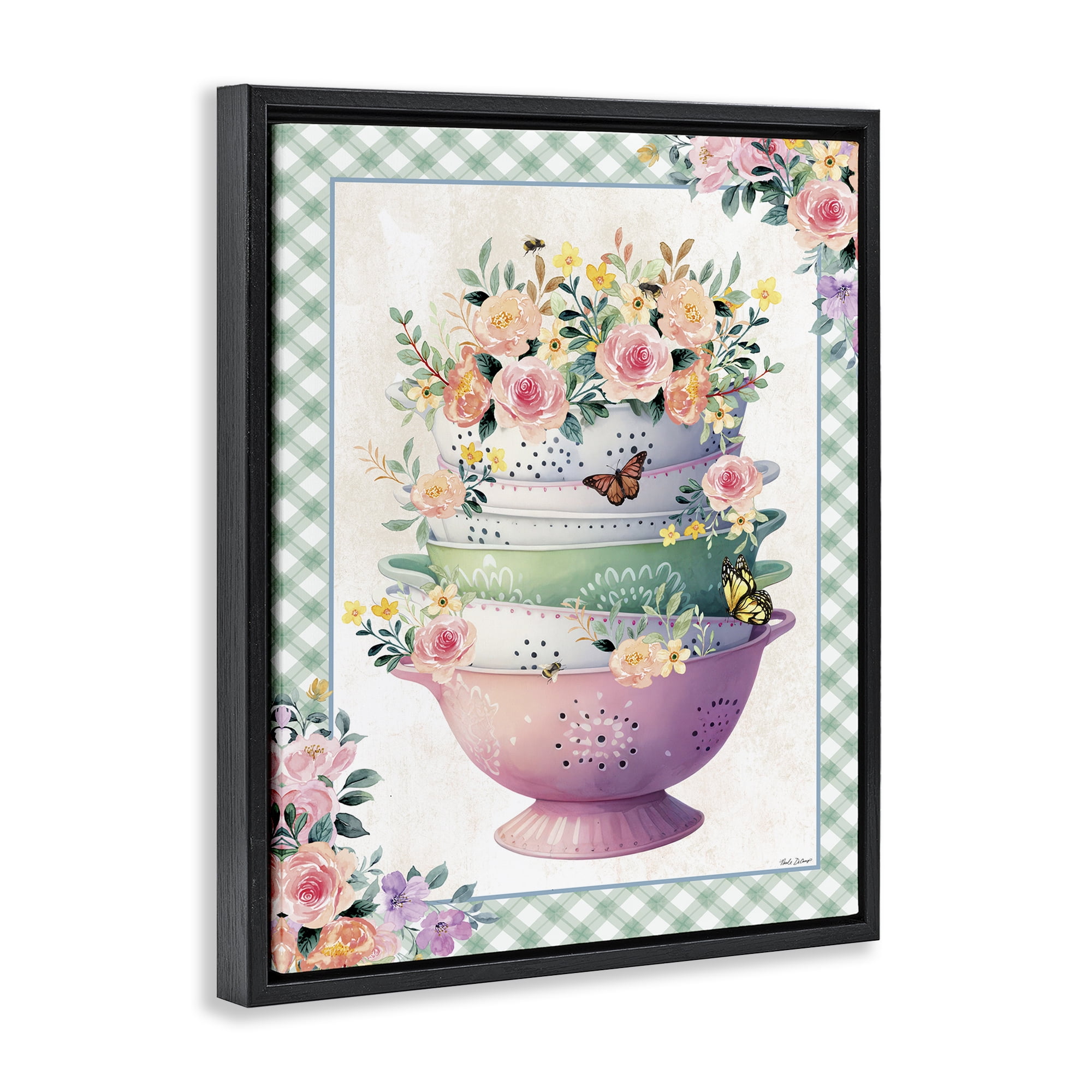 Stupell Industries Stacked Bowls Plaid Border Food & Beverage Painting Black Floater Framed Canvas Art Print Wall Art, 25 x 31