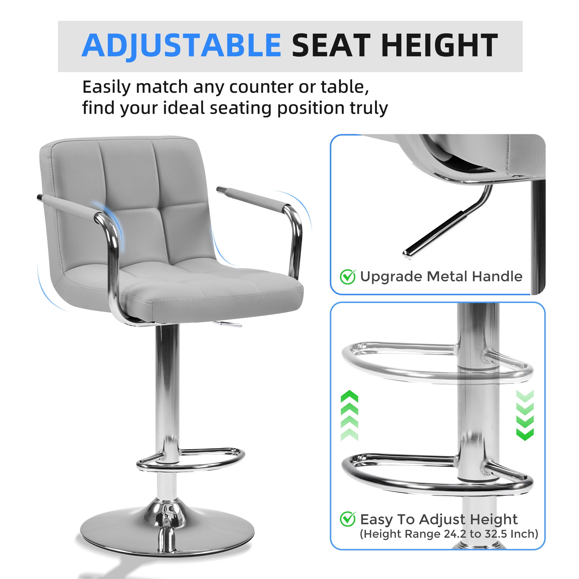 CONCETTA Set Of 2 Swivel Bar Stools With Armrests, Made of Adjustable Pu Leather with Back & Footrest,Gray