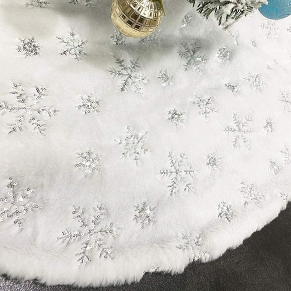 Falda Chichic para árbol de Navidad, piel sintética blanca, 122 cm, con lentejuelas