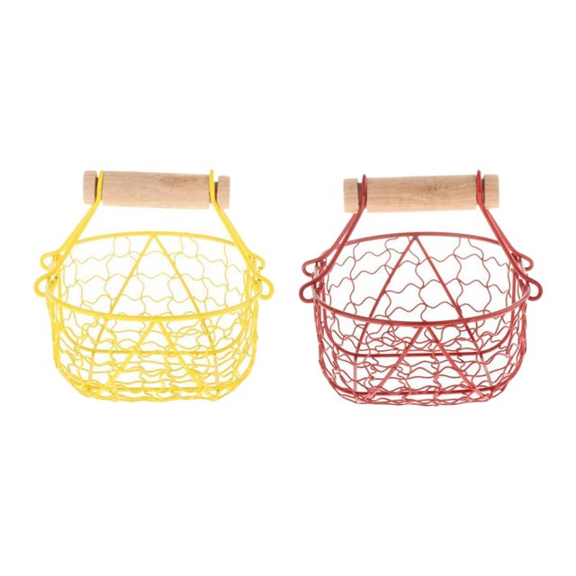 Cesta de fruta de malla metálica, almacenamiento de pan rústico, verduras, postre, reutilizable, portátil con mango de madera para Picnic, 2 uds. amarillo y rojo Sunnimix Canasta de frutas