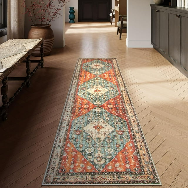 Lahome Boho Tribal Runner Rug - 2x7 Hallway Kitchen Runner Rug Washable Bathroom Laundry Mat Faux Wool Non-Slip Floor Carpet for Entryway Bedroom Living Dining Room,Rust/Dull Teal