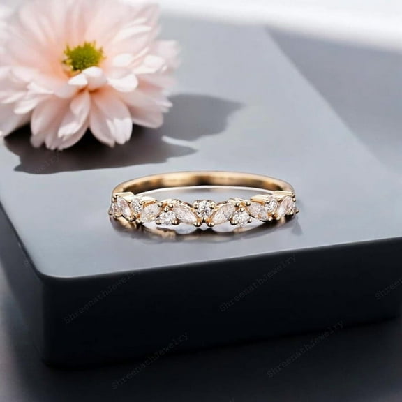 SHREENATHJEWELRY 6x4MM / 2Ct Baguette Cut Moissanite Wedding Band Rose Gold Plated Promise Ring Half Wternity Women Jewelry Anniversary Gift For Wife