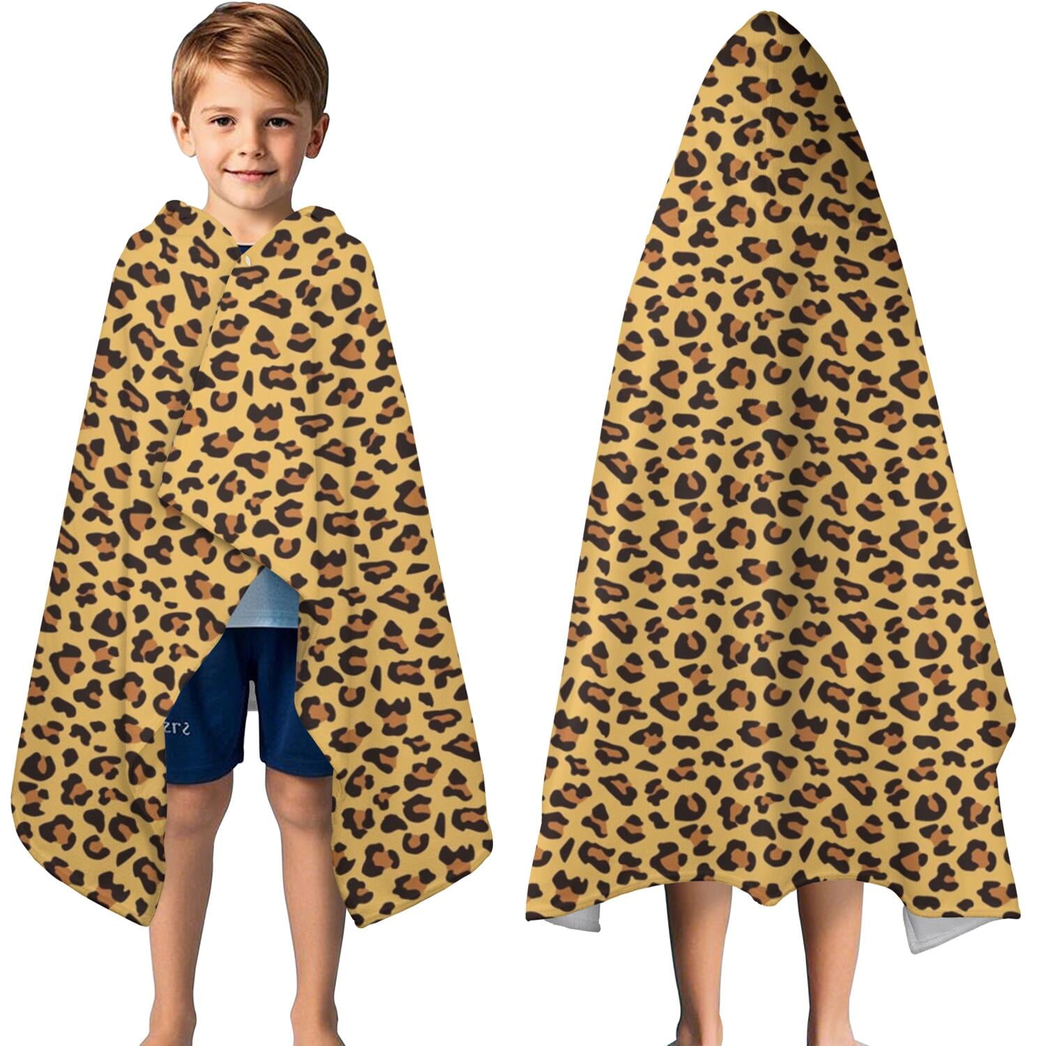 Yellow and Brown Of Cheetah Print Hooded Bath Towel，50"x30" for Ages 3 To 12 Kids, Quick Dry Lightweight Soft Microfiber Hood Beach Towel Cover Up for Kids