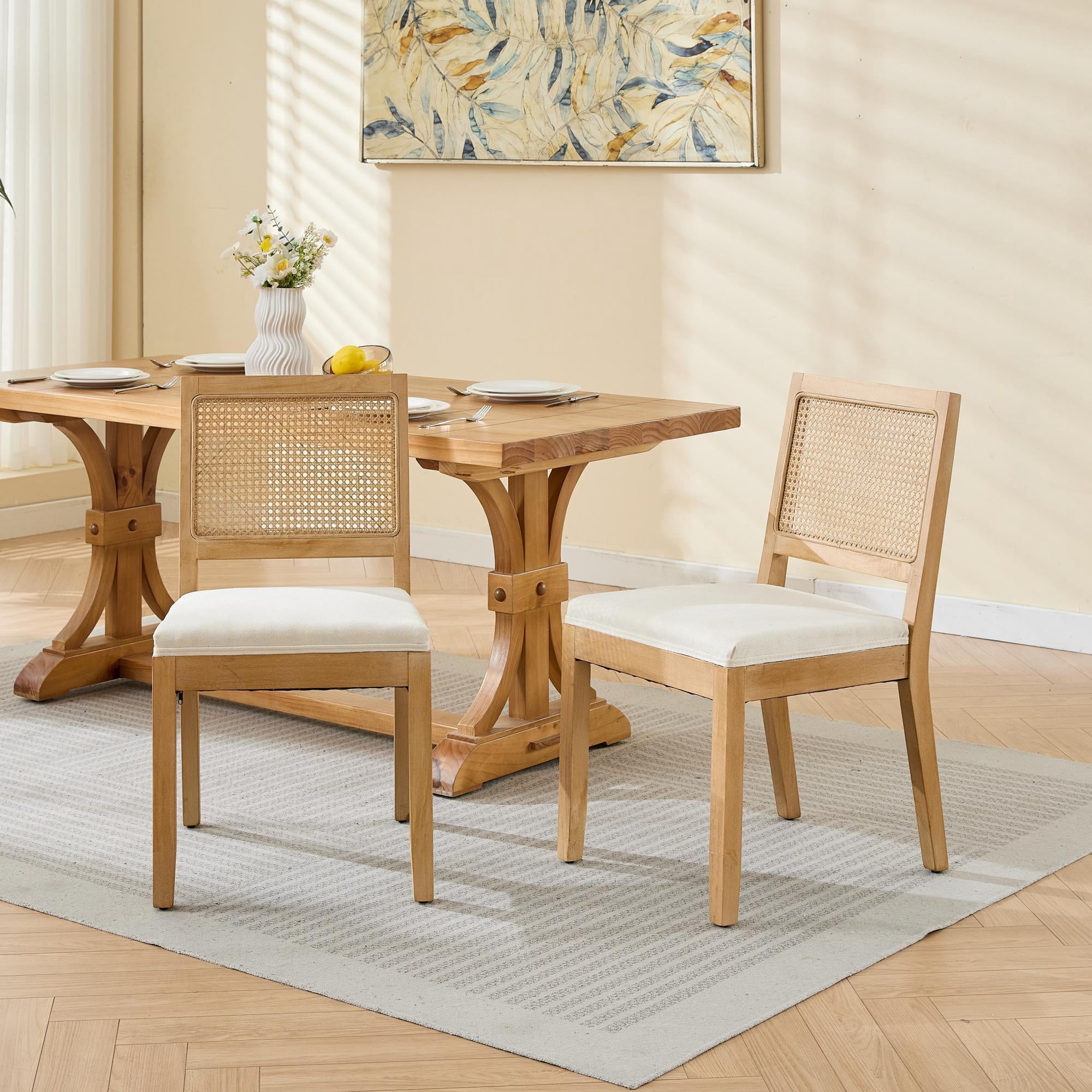 Jopath Rattan Dining Chairs Set of 2, Cane Upholstered Kitchen Side Chair with Natural Hardwood Frame for Kitchen Restaurant Beige