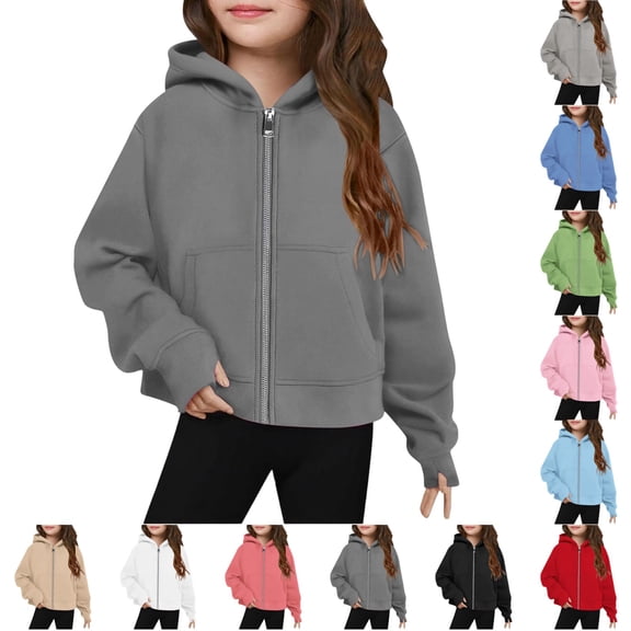 UDAUDU Girls' Hoodies Sweatshirts Full Zipper Pullover Crop Tops for Teen Girls Long Sleeve Sweater Thumb Hole with Pocket Dark Gray 9-10 Years