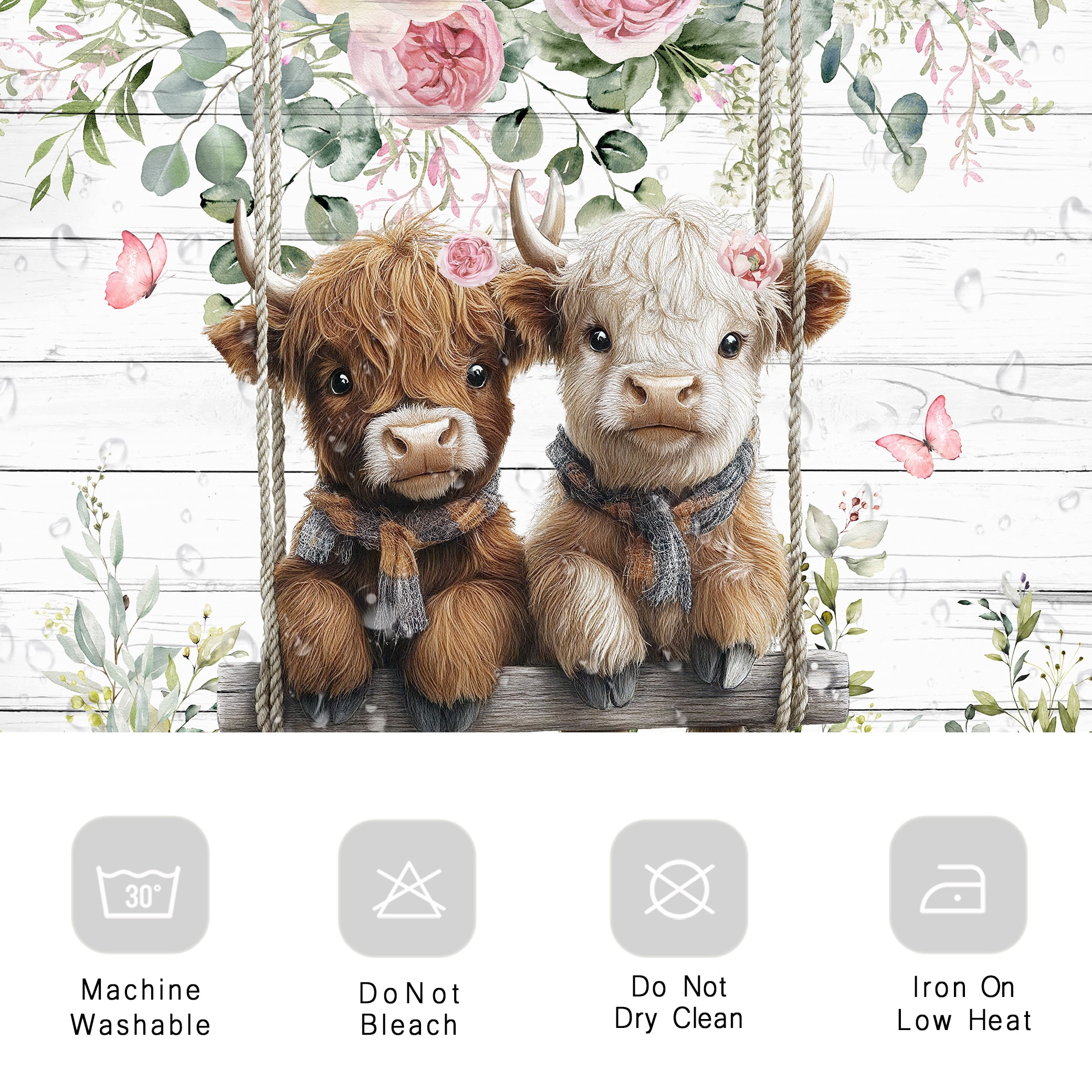 NEONWE Farmhouse Highland Cow Floral Shower Curtain, Pink Flower with Farm Cow and Eucalyptus Bathroom Curtain, 60x72 Inches