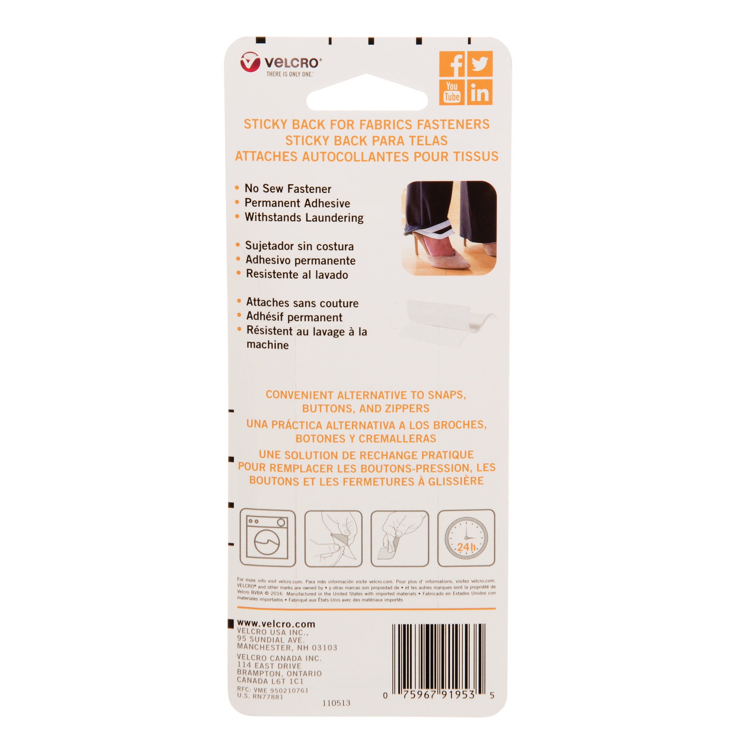 VELCRO Brand Sticky Back for Fabrics White Rectangle Fastener, 6 Pack
