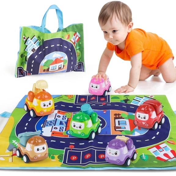 Mini Car Toys for 1 Year Old Boy Gifts, 6 Sets Pull Back Trucks for Toddlers Age 1-2, Infant Push and Go Friction Powered Vehicles with Playmat and Storage Bag, Kids 1st Christmas Birthday Gifts