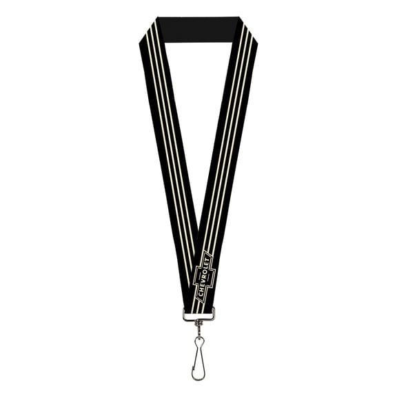 GM General Motors Lanyard, Vintage Chevrolet Bowtie Stripe Black Ivory, Elastic