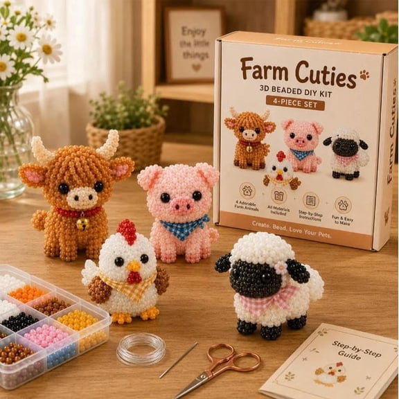 UQVIY 3D Beaded Animal DIY Kit, 4PCS Cute Bead Craft Animal & Bird Set, Handmade Bead Art Mosaic Kit, Stress Relief Creative DIY Decoration Gifts for Adults Beginners