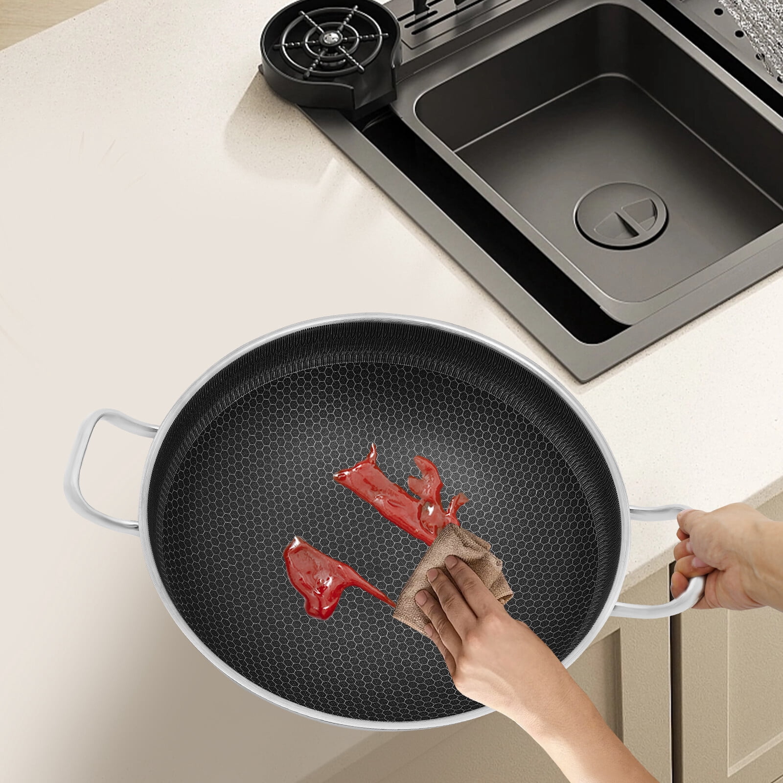 14inch Stainless Steel Frying Pot 2-Handle Non Stick Paella Pan Cooking Skillet with Lid