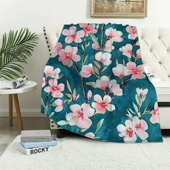 Autua Cherry Blossom Branches Flannel Blanket - Lightweight Soft Cozy Unique Gifts Blankets for Floral Lovers,Kids,Adult,Women, Elegant Teal Background Art Throw,Home Room Modern Decor 40x50in