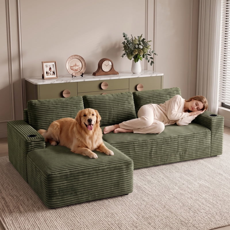 Anpport 104" Boneless Cloud Modular Sectional Couch, Corduroy Sofa with Cup Holders, Side Pockets, Deep Seat, No Assembly Required for Living Room, Green (L‑Shaped, Left Facing Chaise)