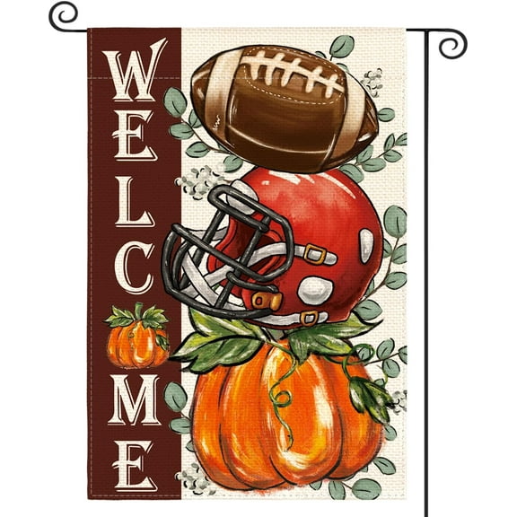Shmbada Fall Football Garden Flag 12x18 Inch Double Sided Outside, Welcome Autumn Pumpkin Seasonal Yard Outdoor Flag Red