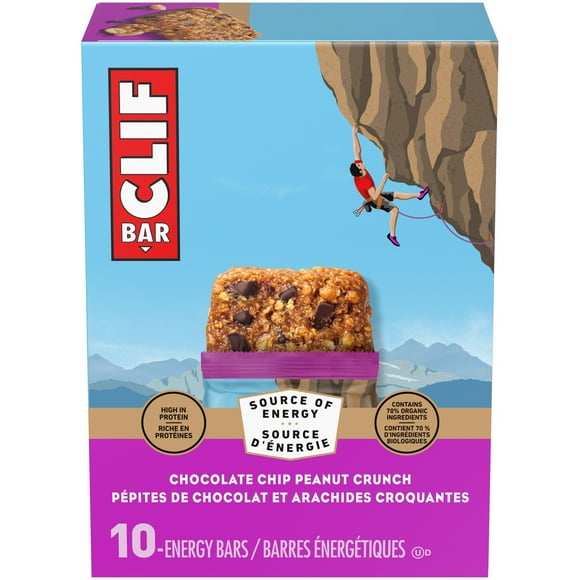 CLIF BAR Energy Bars, Chocolate Chip Peanut Crunch, Granola Bar, High in Protein, Snacks, Breakfast Bars, Contains 70% Organic Ingredients Box of 10 Bars
