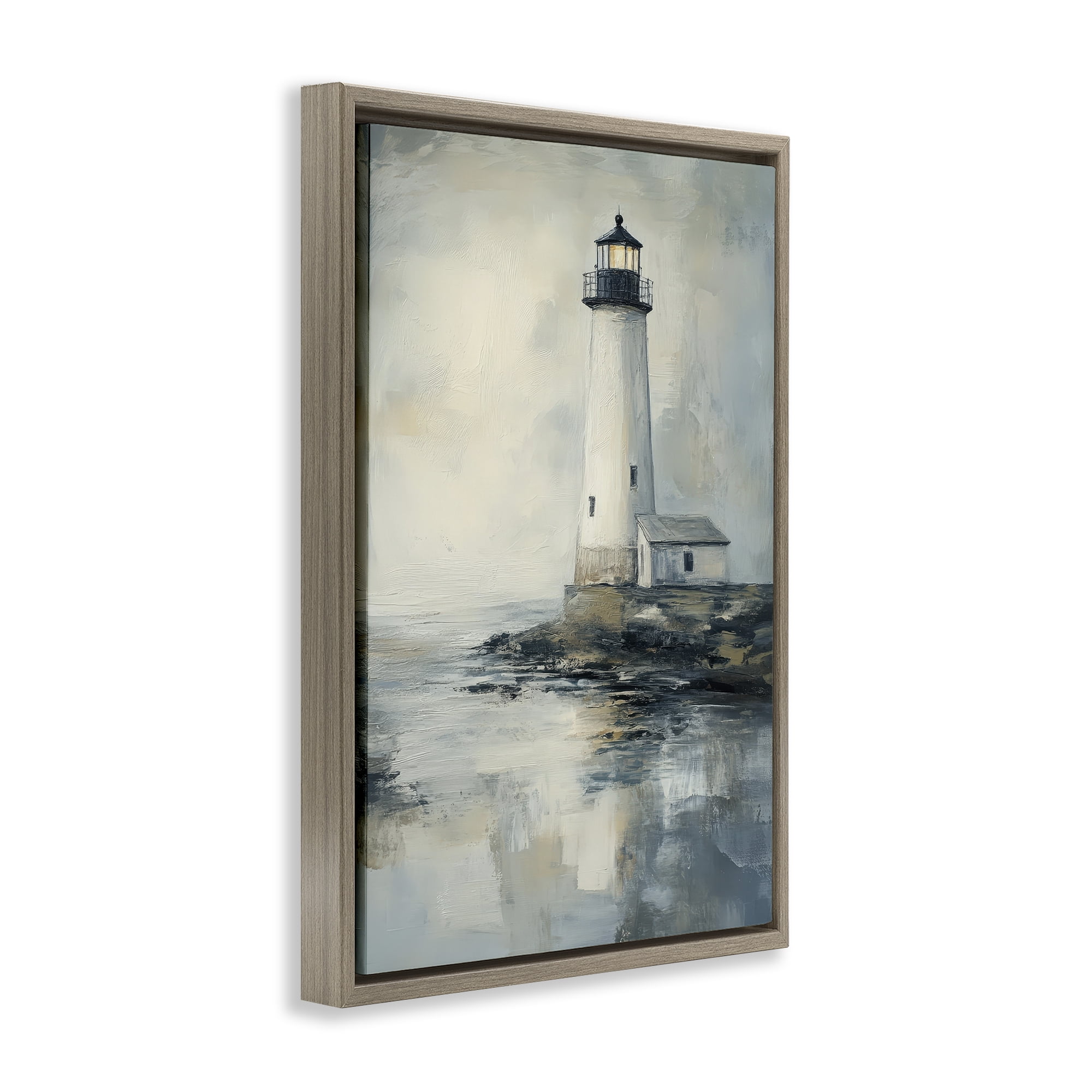 Stupell Industries Moody Lighthouse Reflecting Brown Framed Floater Canvas Wall Art, design by Petal Prints Design