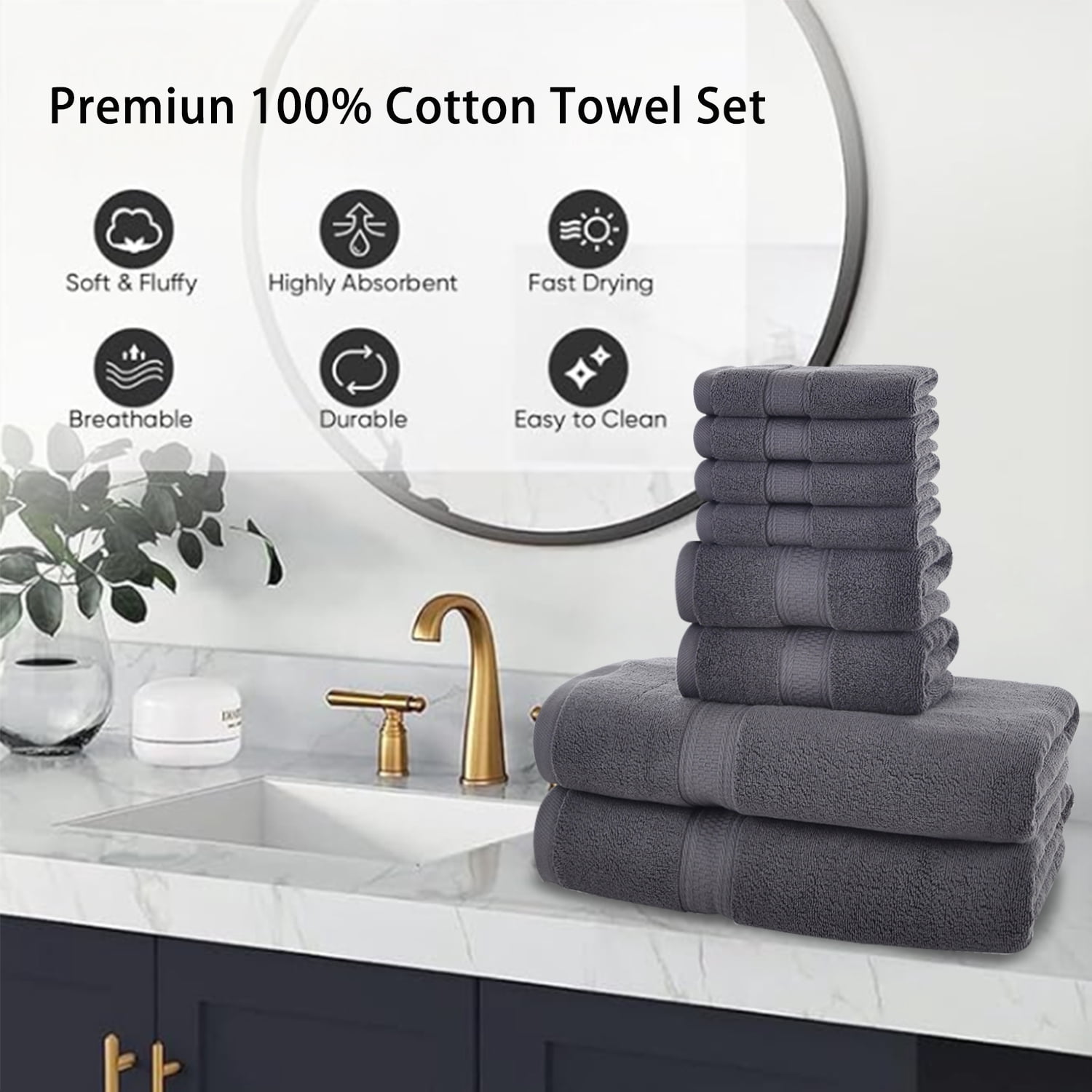 JML Dark Gray Bath Towel Set of 8 Pieces - 100% Cotton Highly Absorbent Towels for Bathroom, 2 Soft Bath Towels, 2 Hand Towels, 4 Washcloths