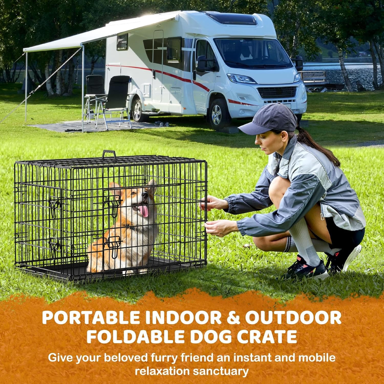 MorandiMal 36 inch Double Door Dog Crate w/Divider for Puppy, Collapsible Metal Dog Kennel with Removable Tray, Portable Travel Cage, Black