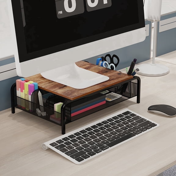 Brown Desk Monitor Stand Riser with Organizer Drawer, Rustic Monitor Riser for Small Printer, Computer, Laptop, Great Gift for Friends, Parents, Teachers