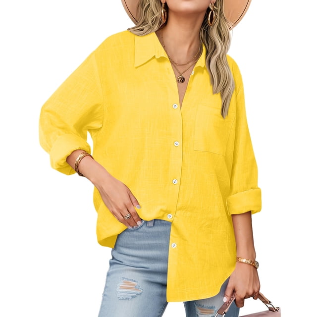 Ovbmpzd Womens Plus Size Shirts Yellow Cotton Linen Long Sleeve Button Down Shirts Work Spring Solid Collared Tops for Women M