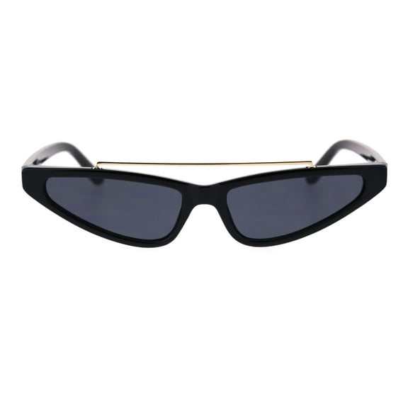 Womens Narrow Triangular Flat Top Metal Bridge Plastic Cateye Sunglasses All Black