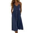 thumbnail image 2 of Atogsazn Womens Summer V Neck Cotton Dress Casual Button Spaghetti Strap Midi Dresses A-Line Sundress Navy L Fashion, 2 of 6