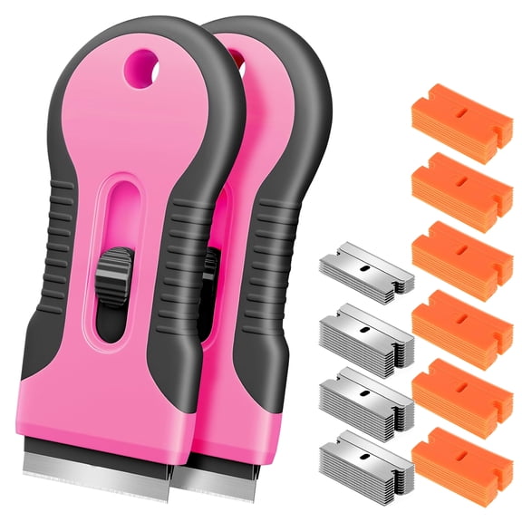 Razor Blade Scraper Set, 2 Pink Tools with 35 Metal & 60 Plastic Blades for Cleaning, Paint & Sticker Removal