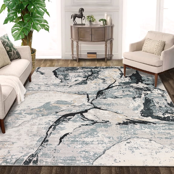 Modern Abstract Runner Rug 2x6ft – Machine Washable Thin Non-Slip Carpet, Stain Resistant Collapsible Floor Mat for Hallway Bedroom Kitchen – Blue