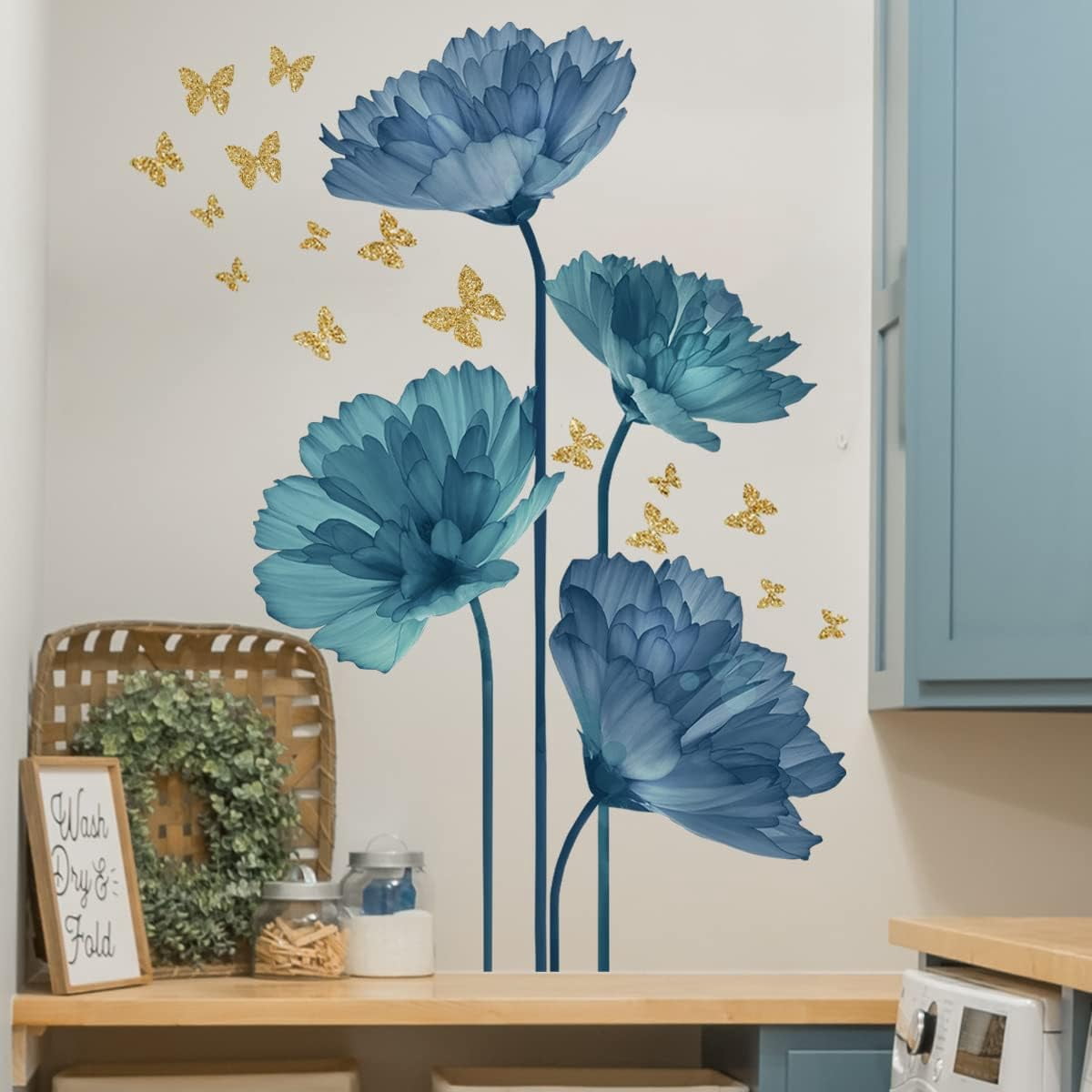 czcpp-Large Blue Flower Wall Decals Butterfly Floral Wall Stickers
