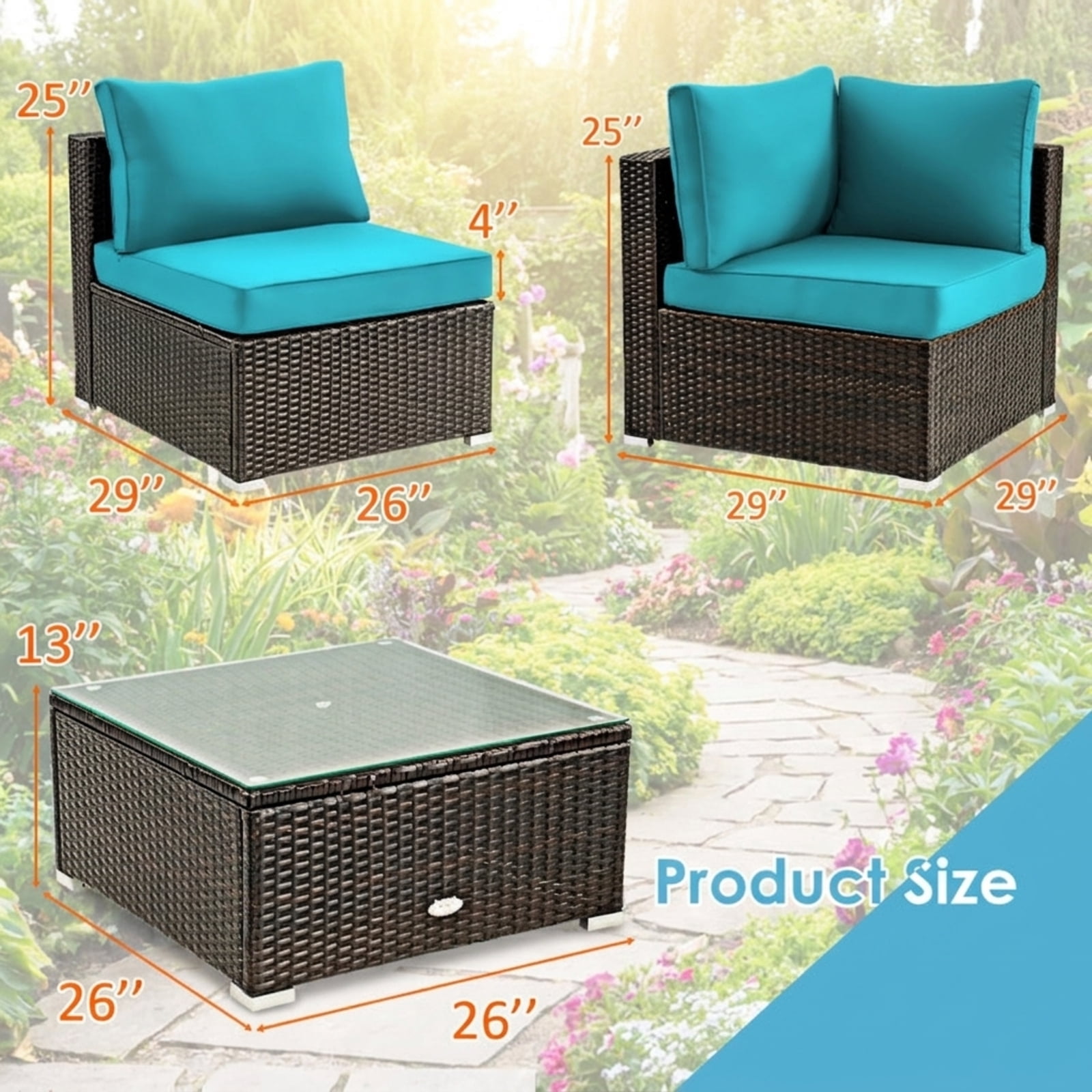 Furnibear 5 Piece Cushioned Patio Rattan Furniture Set with Glass Table, Outdoor Wicker Conversation Set with 4 Chairs for Garden Backyard, White