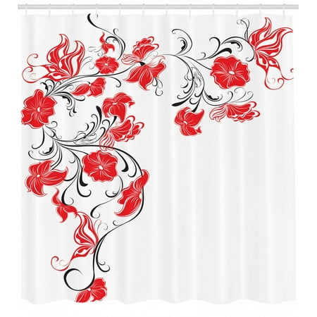 Red And Black Shower Curtain Japanese Asian Design Flowers Swirls