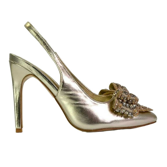 XY London Womens Felicity Bow Diamante Sling Back Stiletto Heel Court Shoes