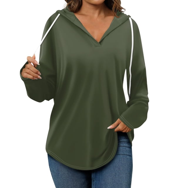 Timegard Hoodies pour Femmes Col en V à Cordon Manches Longues Pull Automne Décontracté Ample Confortable Hauts Blouse