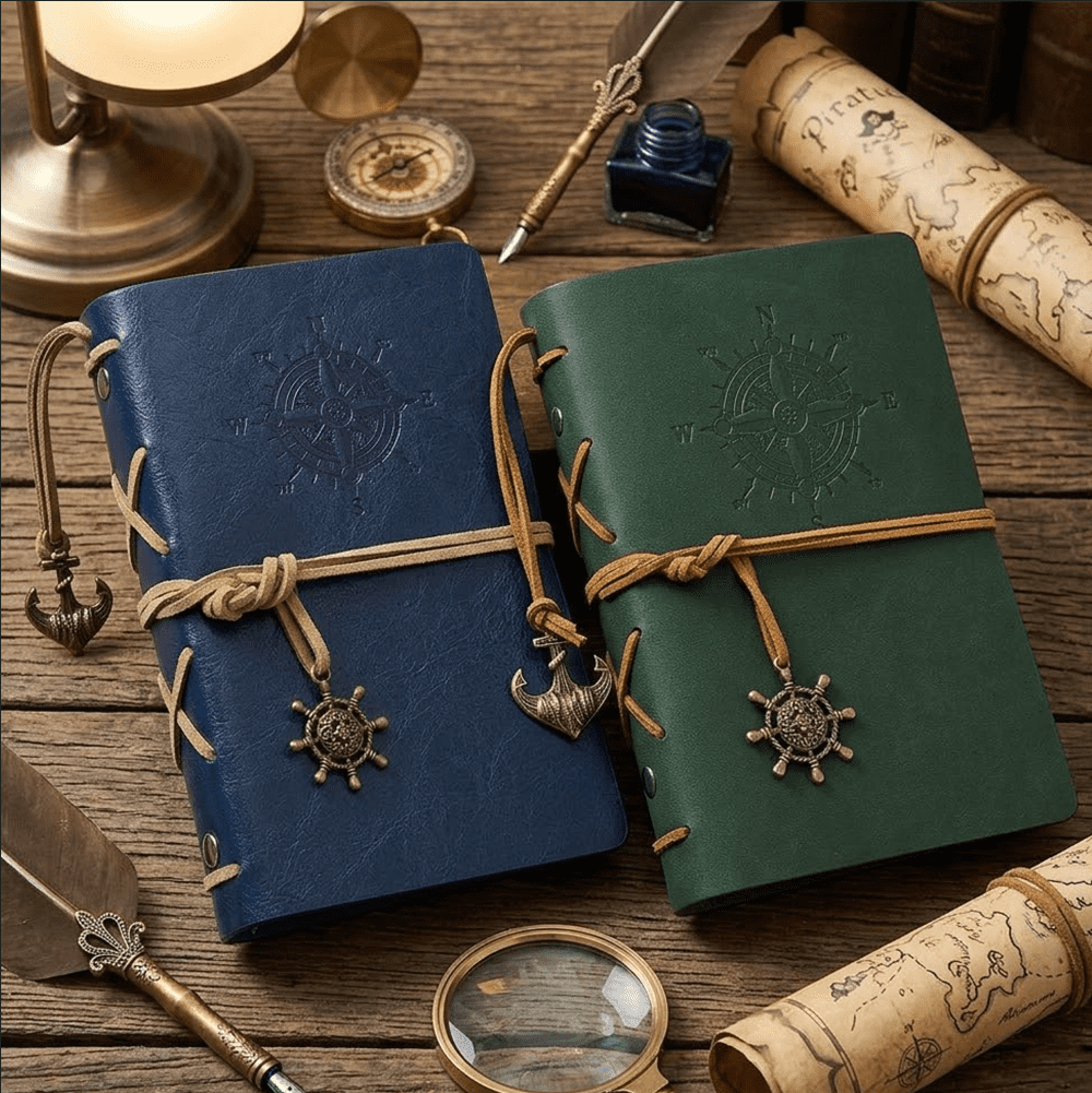 10-Pack A6 Vintage Nautical Travel Journals, Refillable Faux Leather Writing Notebooks with 6-Ring Binder, 80 Sheets 80GSM Blank Kraft Paper, Retro Explorer Charms
