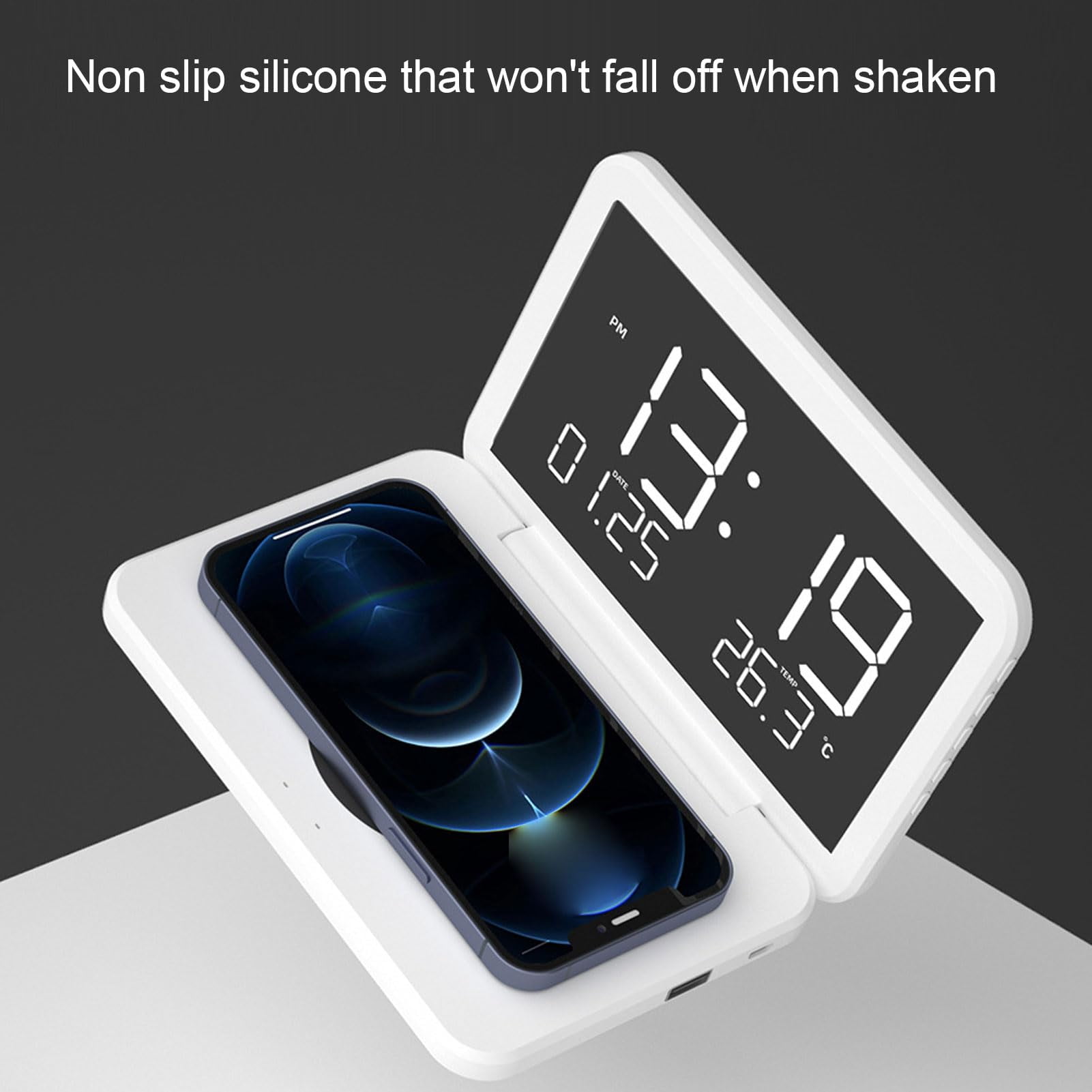 The Nidmaw digital clock features wireless charging, a foldable alarm clock, and an LED mirror display for showing the calendar and temperature. Suitable for bedrooms, desks, living room coffee table