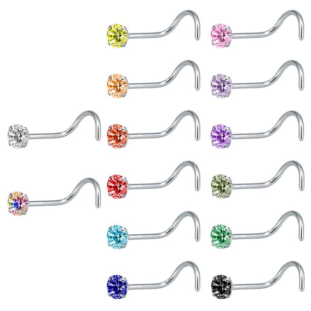 ZS 18g 14Pcs Mix Colors Cubic Zirconia Crystal Nose Ring Piercing Nose Bone/L Shaped/Nose Screws