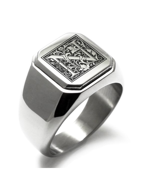 Stainless Steel Letter N Initial Floral Box Monogram Engraved Engraved Square Flat Top Biker Style Polished Signet Ring