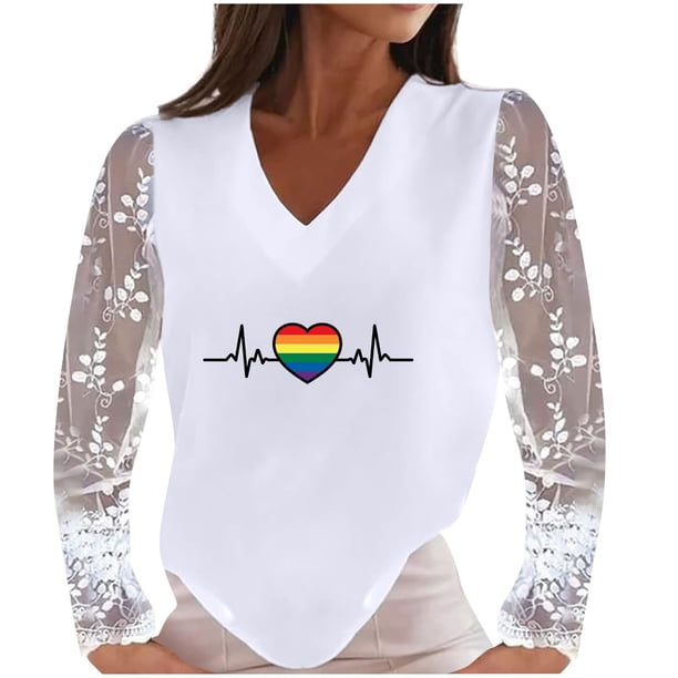 Mujer Casual Día de San Valentín electrocardiograma impreso cuello en V encaje empalme manga larga pulóver blusa camiseta Tops Fridja hkj4229