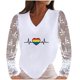 thumbnail image 1 of Mujer Casual Día de San Valentín electrocardiograma impreso cuello en V encaje empalme manga larga pulóver blusa camiseta Tops Fridja  hkj4229, 1 of 8