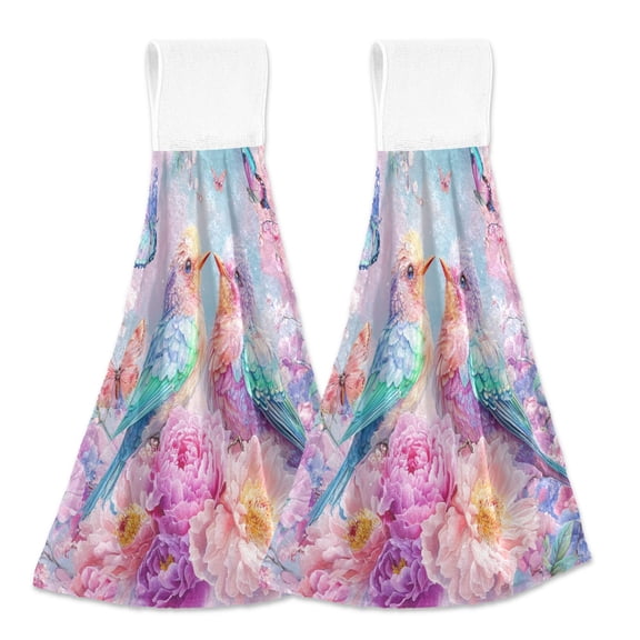 BZSMCE Hanging Hand Towels Fashion Pastel Birds and Butterflies Pattern 2-Pack - Velcro Style Bathroom Kitchen Towels