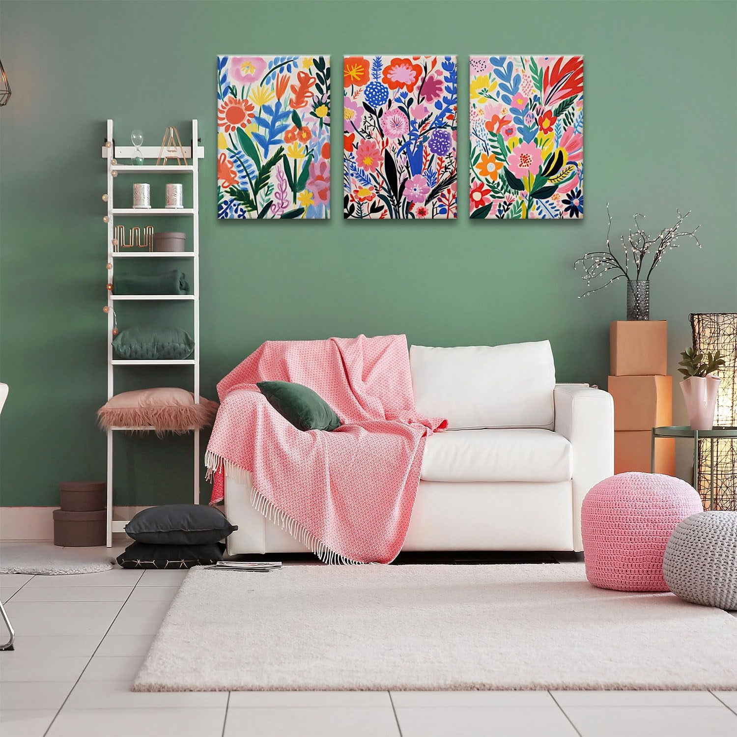 Henri Matisse Wall Art Colorful Floral Painting Canvas Prints Set of 3 Flower Market Poster Pictures Watercolor Wall Decor for Nursery Living Room Bedroom Bathroom 12"x16" Framed
