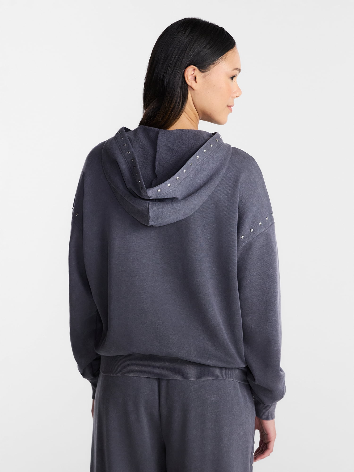 No Boundaries Mineral Wash Studded Fleece Oversized Hoodie, Women's XXS-XXL