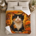 thumbnail image 5 of Black and White Kitten among Orange Autumn Flowers, Warm Folk Art Style for Cat Lovers, Fall Floral Pet Portrait and Birthday Gift, Cozy Flannel Blanket for Living Room and Bedroom, Home Decor, 5 of 9